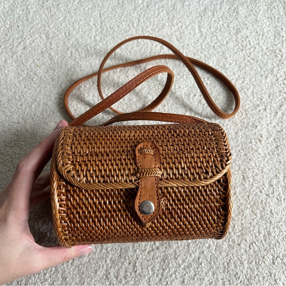 Wicker Rattan Small Cylindrical Handbag with Leather Accents